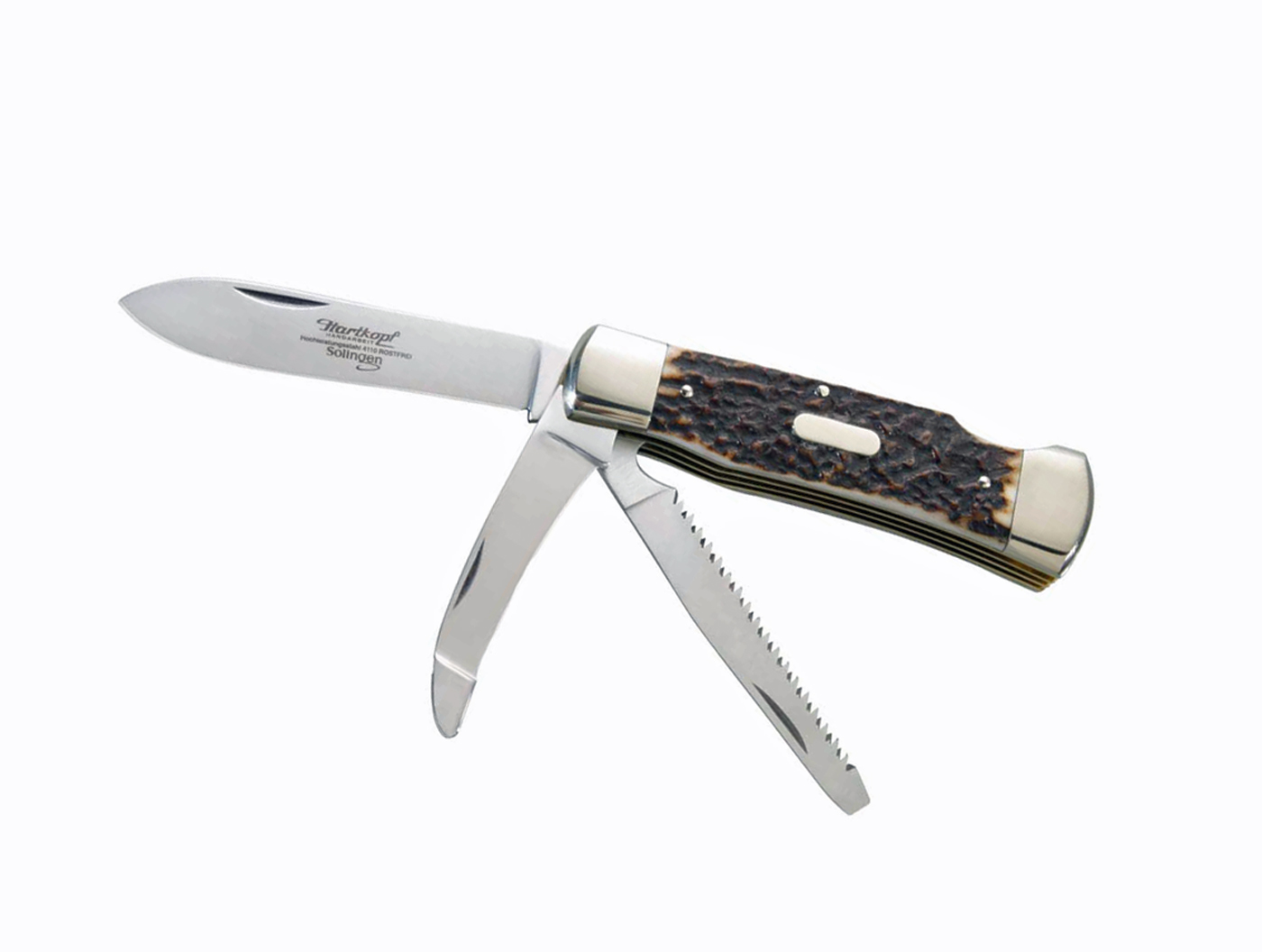 Hartkopf Solinge  Jagd Taschenmesser 3-tlg. 8,8 cm Hirschhorn, Neusilber  Quality Made in SG