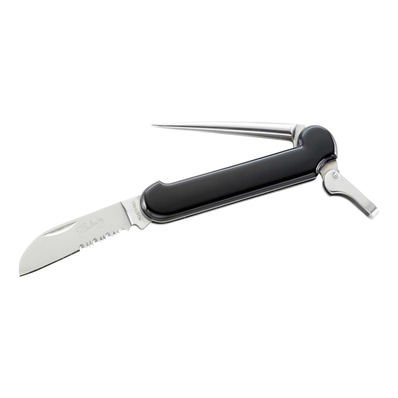 Segler-Taschenmesser, rostfrei, schwarze Kunststoff-Schalen, mit Marlspieker