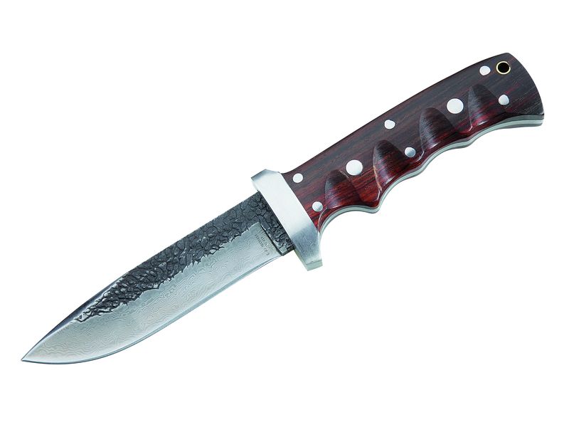 Jagdmess Gürtelmesser, 81 Lagen Damast, Kernlage 420 Stahl, Rosenholz-Griffschalen,.